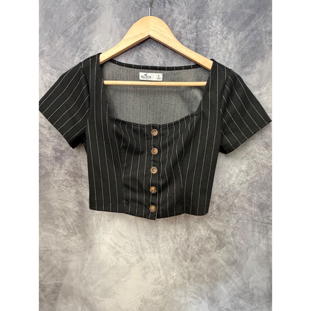 Hollister Womens Black Pinstripe Y2K Square Neck Button Front Preppy Crop Small
